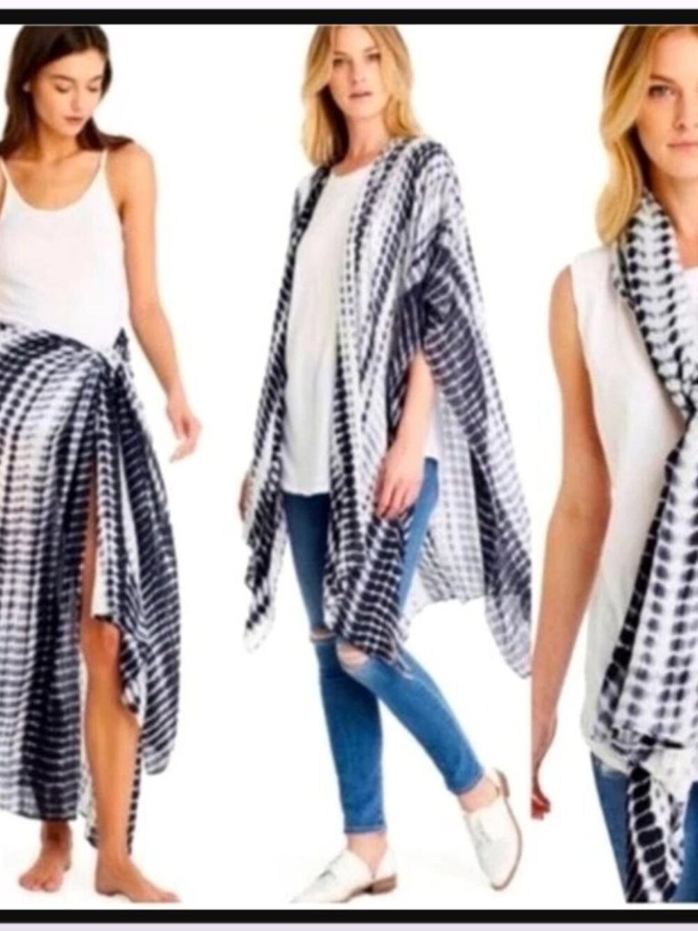 Michael Stars Ruana Scarf Wrap Kimono Black Tie Dye Boho OSFM